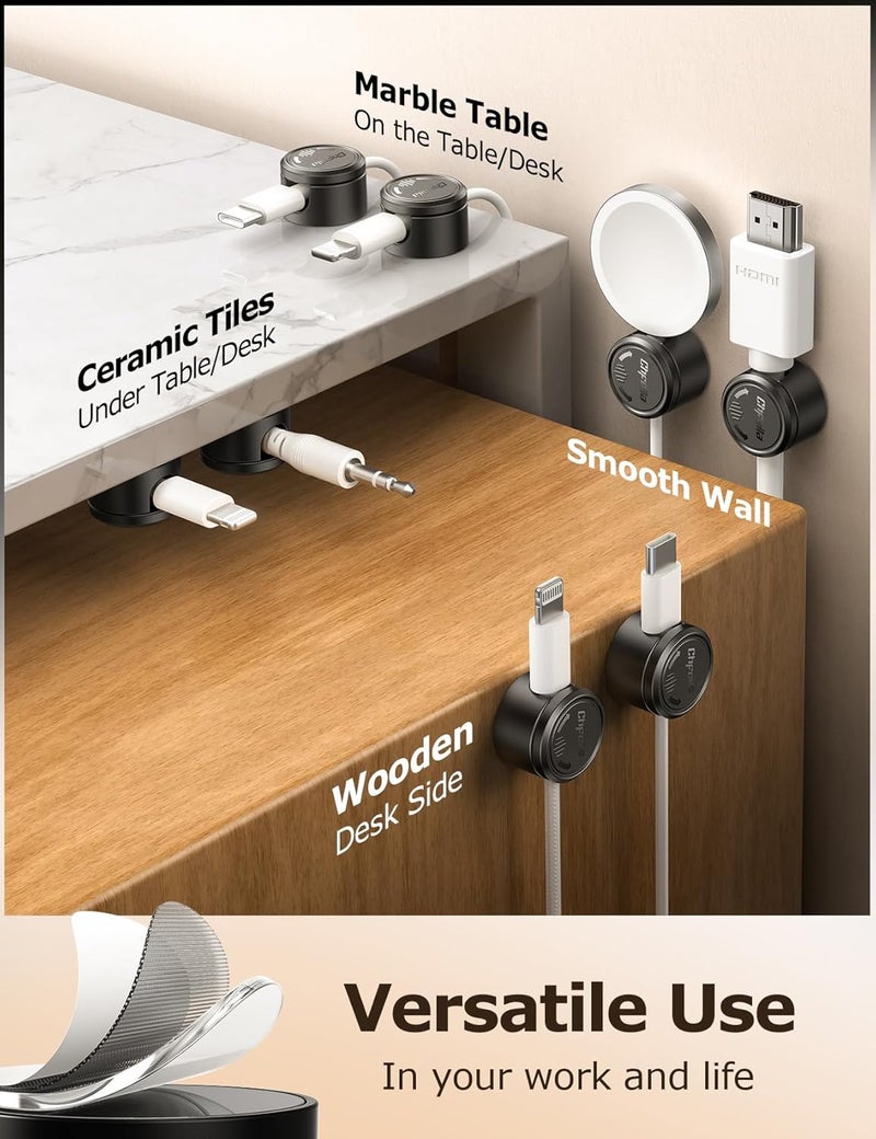 Chfeila 9 Pack Cord Organizer, [360°Rotating Twist-Lock] Magnetic Cable Management Clips, Adhesive Phone Charging Keeper Wire Cord Holder for Nightstand/Car/Wall, Office Desk Accessories Decor (Black) - Image 5